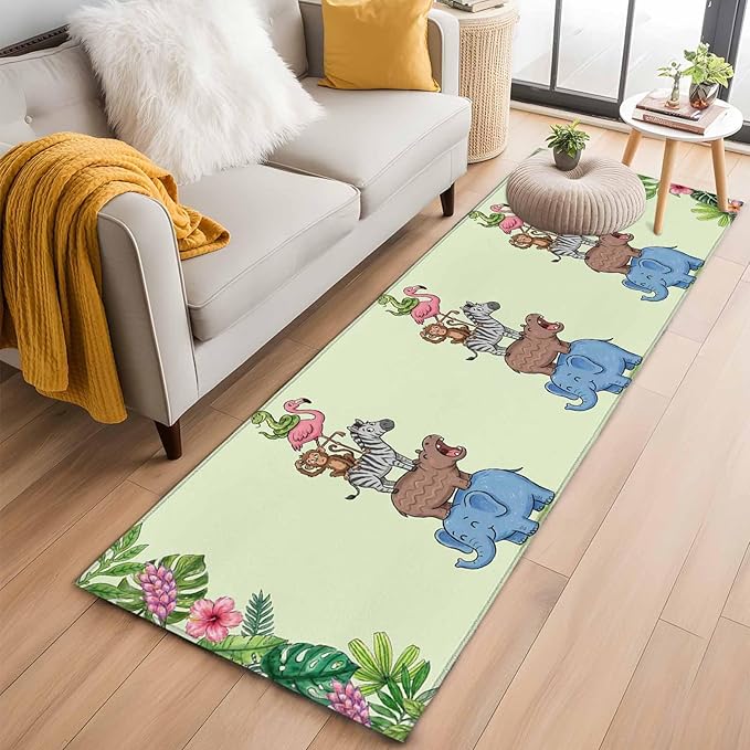 Runner Rug for Bedroom Hallway, Funny Elephant Zebra Flamingo Kitchen Runner Rugs Area Rug 2x6ft, Tropical Leaves Floral Washable Soft Floor Carpet for Entryway Stair