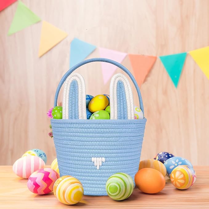 Poschnor Large Easter Basket with Gift Bags and Ribbons, Easter Bunny Basket for Kids, Woven Cotton Rope Basket for gifting, Blue