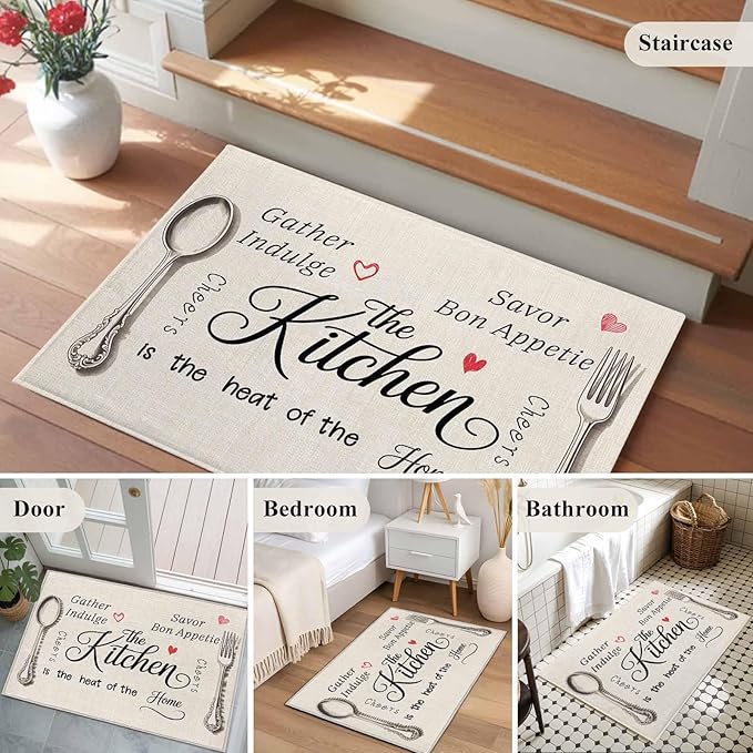 Area Rug 2x3ft, Spoon Fork Vintage Farmhouse Washable Rugs for Living Room Bedroom, Abstract Love Retro Linen Soft Non-Slip Area Rugs Rectangle Floor Carpet for Dining Room