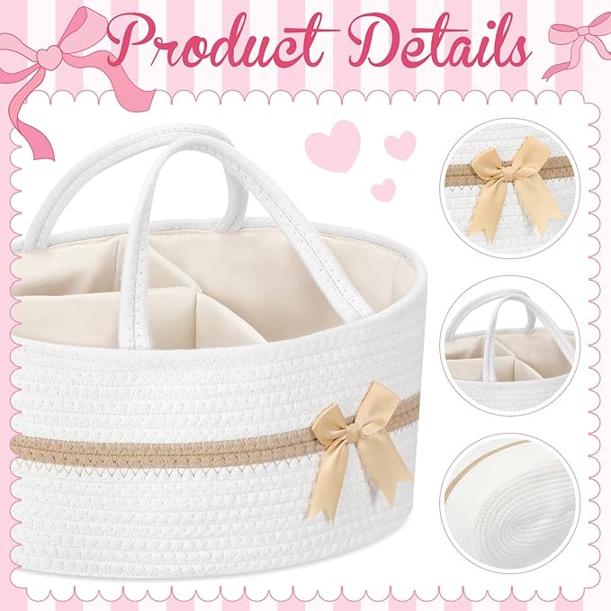 Yinkin 1 Pcs Extra Large Cotton Rope Storage Basket with Handles and Removable Divider Woven Gift Baskets with Bow for Closet Bedroom Nursery Toys Organizing, 14.17 x 8.66 x 7.09 Inch(White and Brown)