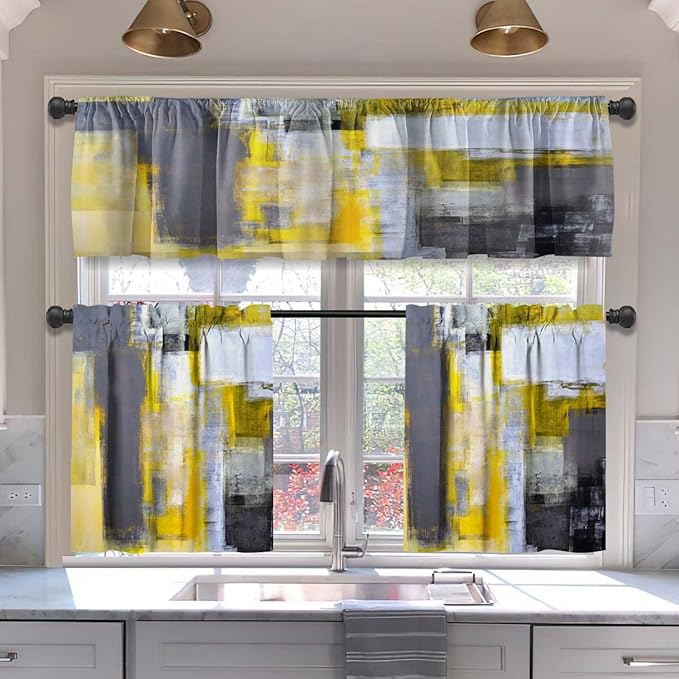 MCALK Grey Yellow Blackout Kitchen Curtains Tiers and Valances for Windows Modern Abstract Art, Contemporary Trendy Valances for Living Room (36" Tiers Set)