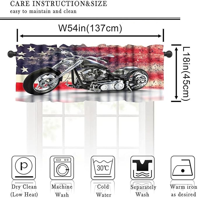 Motorcycle Valance Curtain Black Motorcycle American Flag Background Rod Pocket Valance Window Treatments Short Curtains for Kitchen Bathroom Farmhouse Living Room Decor 54x18inch