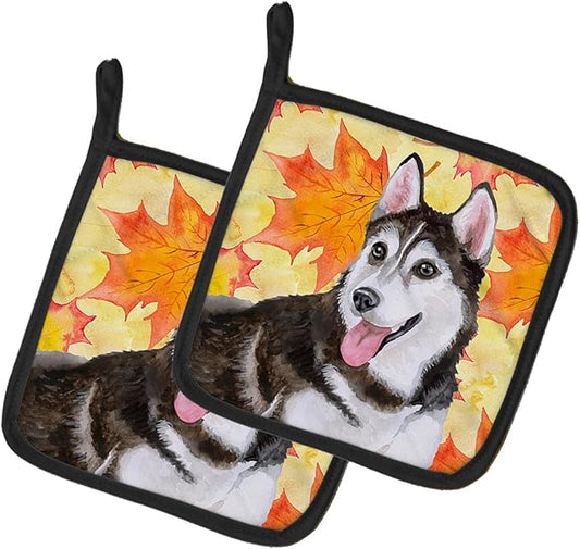 Caroline's Treasures BB9973PTHD Siberian Husky #2 Fall Pair of Pot Holders, Yellow Kitchen Heat Resistant Pot Holders Sets Oven Hot Pads for Cooking Baking BBQ, 7 1/2 x 7 1/2