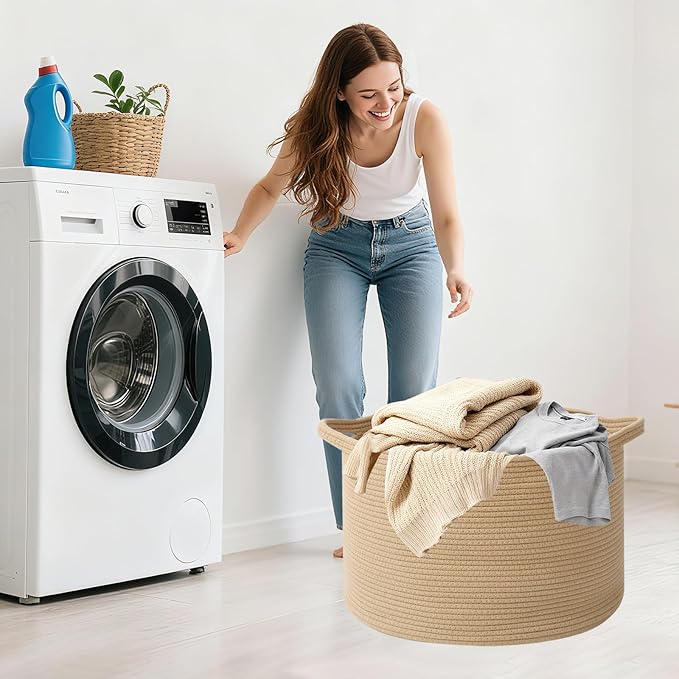 115L Extra Large Blanket Basket,Woven Rope Laundry Basket Hamper with Handles, Decorative Nursery Basket Storage Bin for Toys, Clothes Organizer, Living Room, Bedroom, Bathroom, Camel