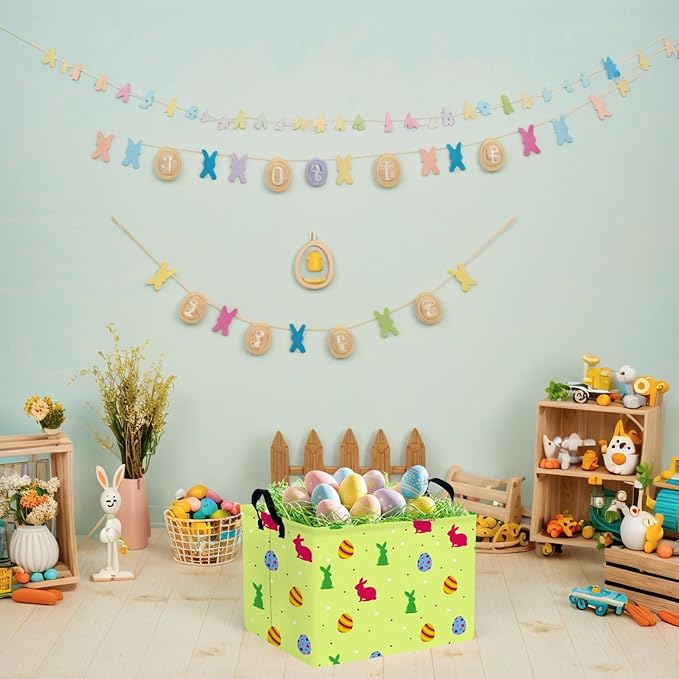 Kid Large Empty Easter Basket Gift Personalized Fabric Bunny Easter Basket for Boy and Girl Room Decor Storage Bin (Red Green Rabbit)