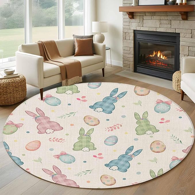Washable Round Area Rug Happy Easter Cute Plaid Bunny Circle Rugs Floor Carpet for Living Room Bedroom, Colorful Egg Leaves Farm Linen Soft Non Slip Round Rug 5ft