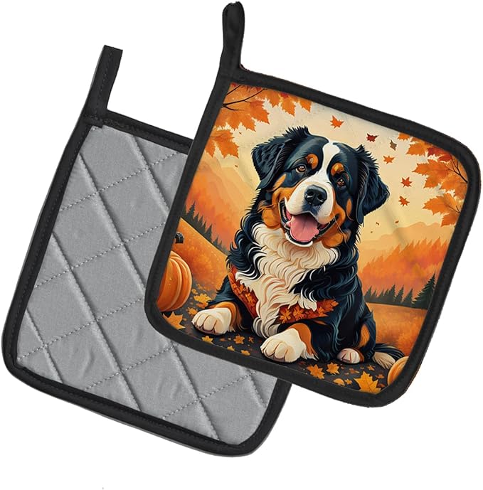 Caroline's Treasures DAC1019PTHD Bernese Mountain Dog Fall Pair of Pot Holders Kitchen Heat Resistant Pot Holders Sets Oven Hot Pads for Cooking Baking BBQ, 7 1/2 x 7 1/2