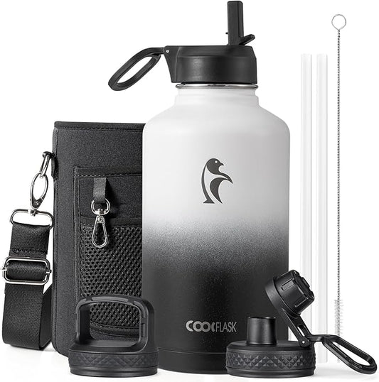 Coolflask Half Gallon Water Bottle Insulated with Straw & 3 Lids, 64 oz Water Jug Large Metal Stainless Steel Wide Mouth for Sports, Gym or Office, Non-BPA Keep Cold 48H Hot 24H, White & Black