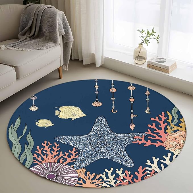 Washable Round Area Rug Ocean Starfish Coral Fish Circle Rugs Floor Carpet for Living Room Bedroom, Underwater Creature on Navy Blue Soft Non Slip Round Rug 3ft