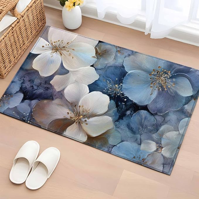 Area Rug 2x3ft, Watercolor White Navy Blue Floral Foliage Washable Rugs for Living Room Bedroom, Abstract Flower Soft Non-Slip Area Rugs Rectangle Floor Carpet for Dining Room