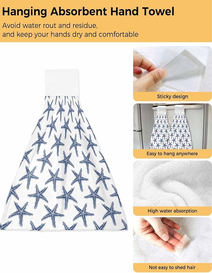 Alandar Home Kitchen Tie Towel Set of 1, Seamless Marine Blue Starfish Absorbent Soft Hand Towels for Bathroom Hanging Towels, Summer Ocean Life on White Fast Drying Cleaning Cloth with Loop