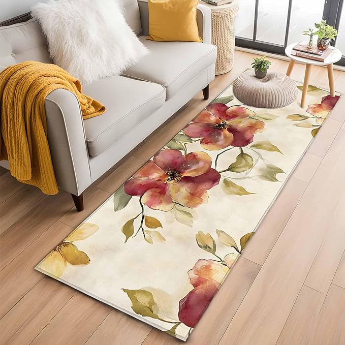 Runner Rug for Bedroom Hallway, Oil Painting Style Flowers Kitchen Runner Rugs Area Rug 2x6ft, Vintage Country Floral Washable Soft Floor Carpet for Entryway Stair