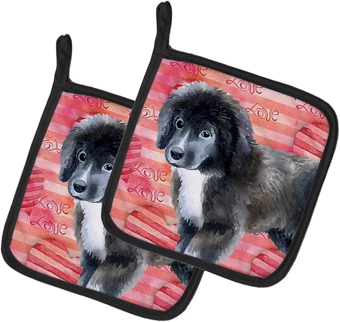 Caroline's Treasures BB9786PTHD Newfoundland Puppy Love Pair of Pot Holders, Red Kitchen Heat Resistant Pot Holders Sets Oven Hot Pads for Cooking Baking BBQ, 7 1/2 x 7 1/2