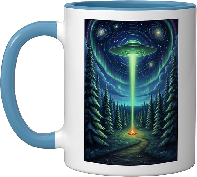 UFO in Forest Campfire Nature Camping Flying Saucer UAP Ceramic Mug, Blue/White