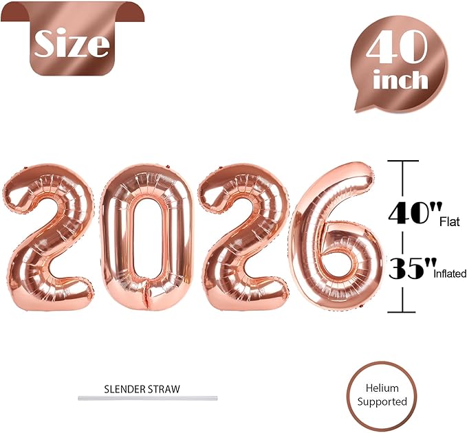 2026 Balloon Numbers - 40 Inch Rose Gold New Years Eve Party Supplies 2026, Nye Decor Party Decorations Happy New Year, New Years Eve Foil Party Balloons, Graduation Party Decorations