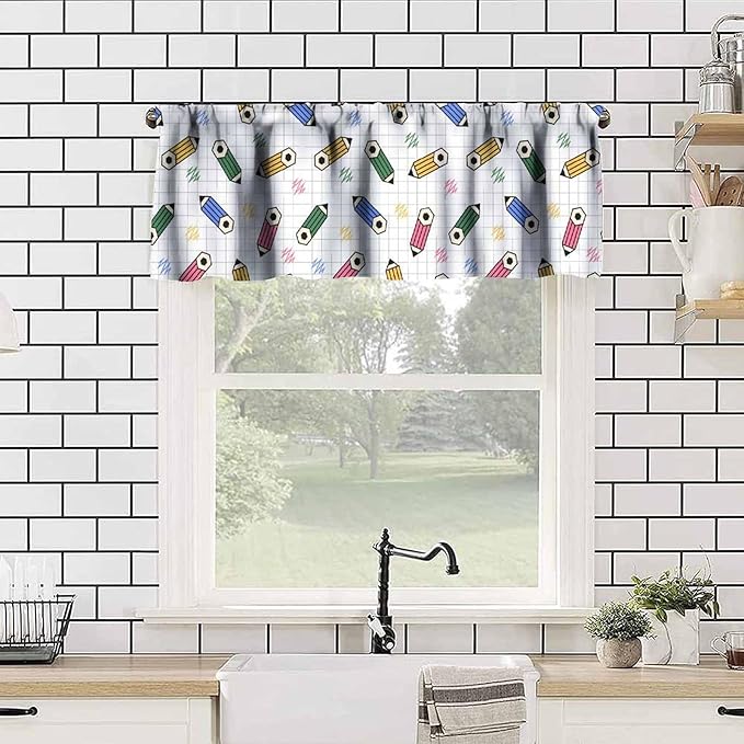 Colorful Pencil Valance Curtain, Back to School Cartoon Fun Crayon Study Painting Short Window Treatment for Kitchen Bedroom School Classroom, 54x18Inch