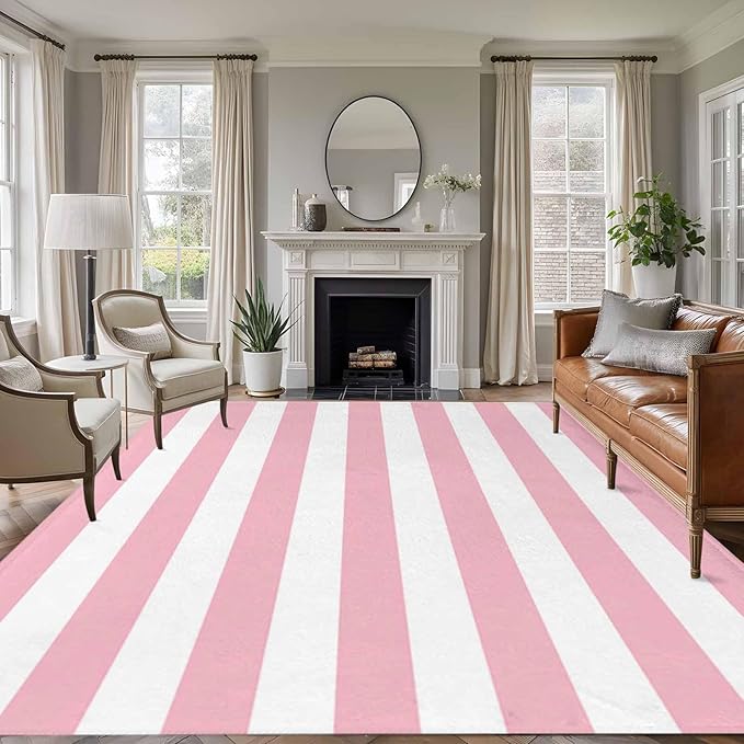 Area Rug 6x9ft, Pink White Stripe Washable Rugs for Living Room Bedroom, Classic Geometric Line Soft Non-Slip Area Rugs Rectangle Floor Carpet for Dining Room