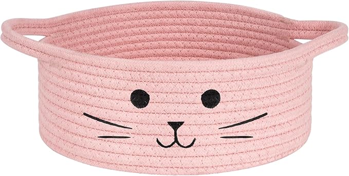 Small Rope Basket, Pink Cute Cat Toy Basket for Living Room, Gift Baskets Empty for Living Room, Decorative woven Baskets for Nursery, Baby Organizing & Towel Storage, 9.8 x 4 inches