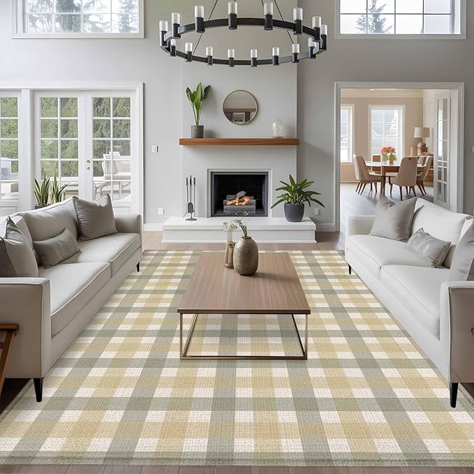 Area Rug 8x10ft, Farmhouse Vintage Beige Tan Buffalo Plaid Washable Rugs for Living Room Bedroom, Rustic Linen Soft Non-Slip Area Rugs Rectangle Floor Carpet for Dining Room