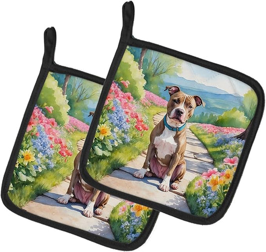 Caroline's Treasures Pit Bull Terrier Spring Path Pair of Pot Holders Kitchen Heat Resistant Pot Holders Sets Oven Hot Pads for Cooking Baking BBQ, 7 1/2 x 7 1/2