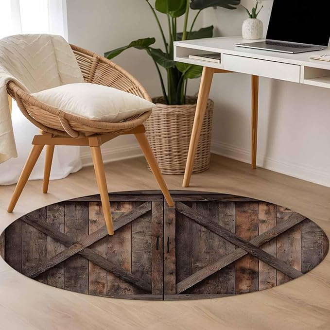 Washable Round Area Rug Vintage Farmhouse Barn Circle Rugs Floor Carpet for Living Room Bedroom, Country Wooden Plank Soft Non Slip Round Rug 3ft