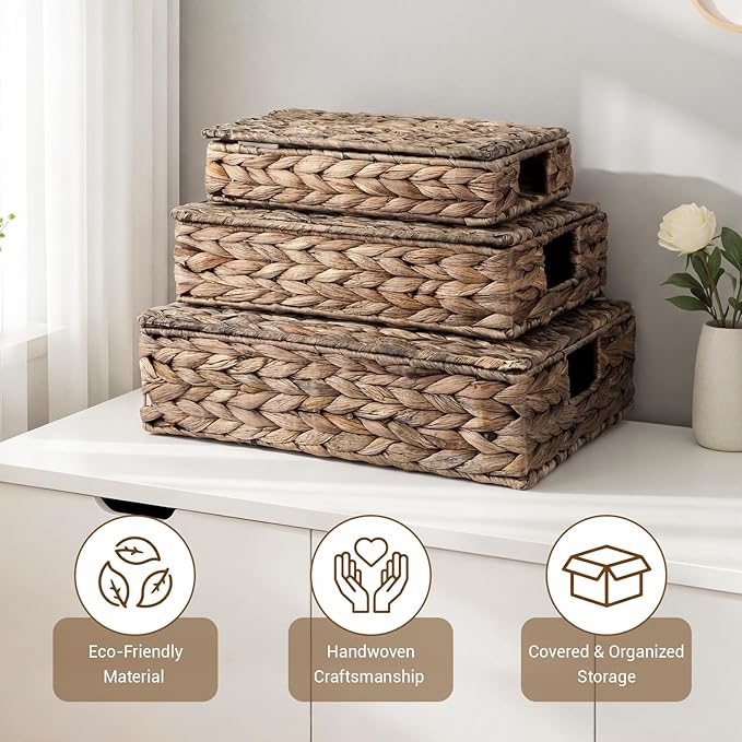 3 Pcs Wicker Storage Baskets with Lids 16" 14" 12" Water Hyacinth Pantry Baskets Woven Organizers Decorative Storage Boxes for Organizing Shelves, Bedroom, Living Room(Black)