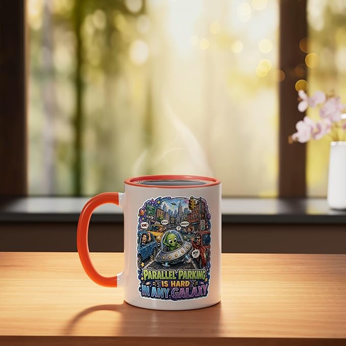 Parallel Parking Is Hard In Any Galaxy Ceramic Mug, Orange/White
