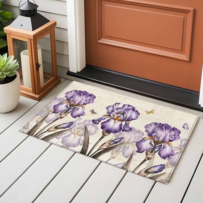 Area Rug 2x3ft, Pastoral Purple Flower Watercolor Washable Rugs for Living Room Bedroom, Country Botanical Butterflies Soft Non-Slip Area Rugs Rectangle Floor Carpet for Dining Room
