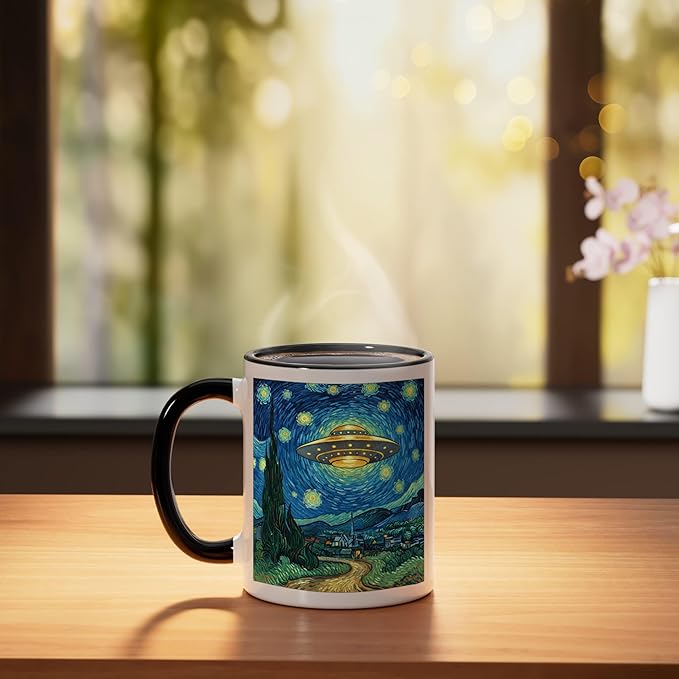 Ufo Over Starry Night Van Gogh Style Sci Fi Saucer Art Ceramic Mug, Black/White