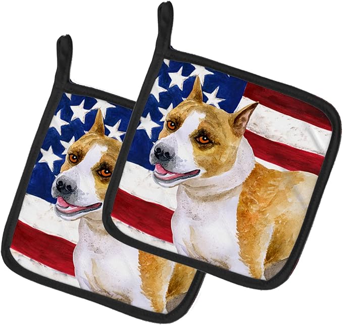 Caroline's Treasures BB9644PTHD American Staffordshire Patriotic Pair of Pot Holders Kitchen Heat Resistant Pot Holders Sets Oven Hot Pads for Cooking Baking BBQ, 7 1/2 x 7 1/2