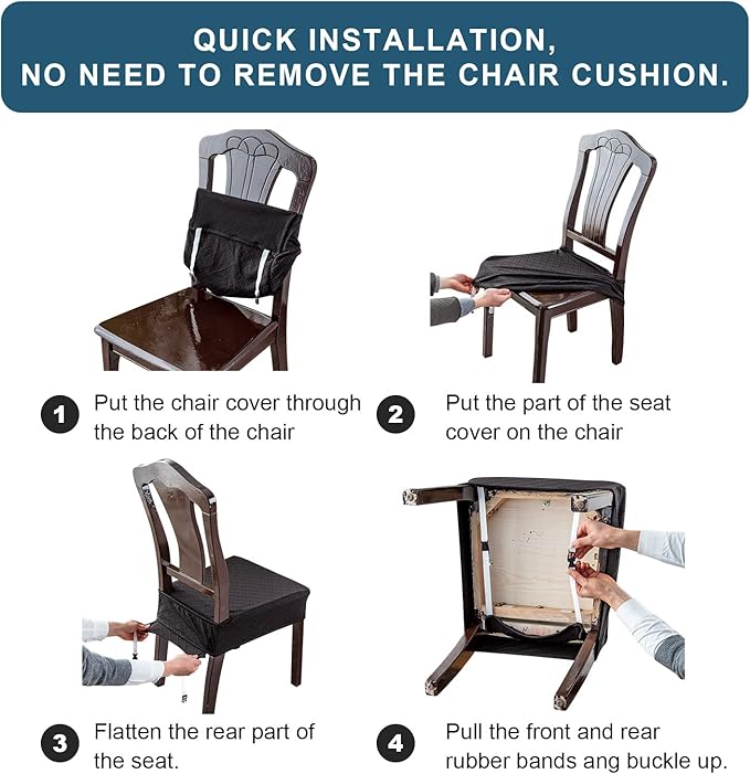 Genina Waterproof Seat Covers for Chairs,Set of 2 Dining Room Chair Seat Covers for Kitchen,Stretch Jacquard Removable Washable Dining Chair Slipcovers Protectors with Rear Covers, Black
