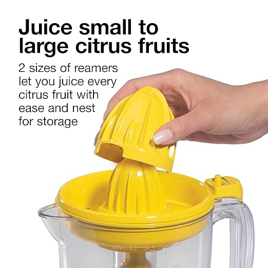 Proctor Silex Alex's Lemonade Stand Electric Citrus Juicer Machine, Large 34 oz. Pitcher, Pressure Activated, for Lemons, Limes and Oranges, 34 oz, Includes 2 Reamers & Recipe Book, Yellow (66341)