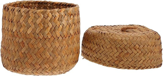 Mini Handmade Woven Flower Basket Box with Lid Seagrass Decorative Storage Basket for Home Decor and Organizing Essentials