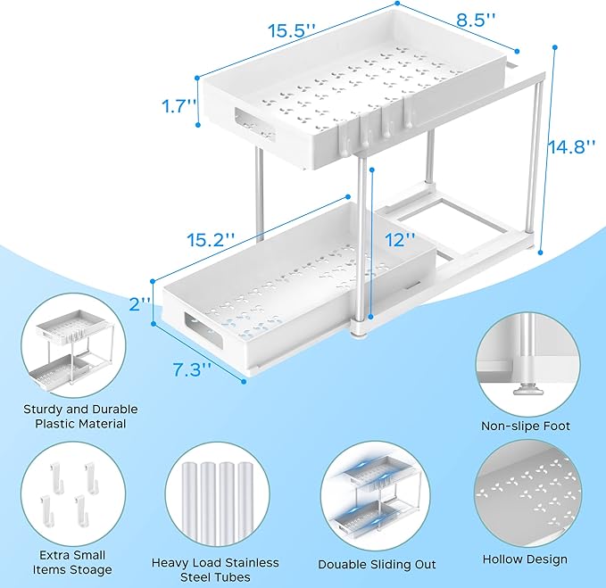 2 Pack Under Sink Organizer with Pull-Out Drawer, 2-Tier Cabinet Storage for Kitchen & Bathroom, Fits Cleaning Supplies & Toiletries, Space Saving for Small Cabinets, Double-layer Sliding White