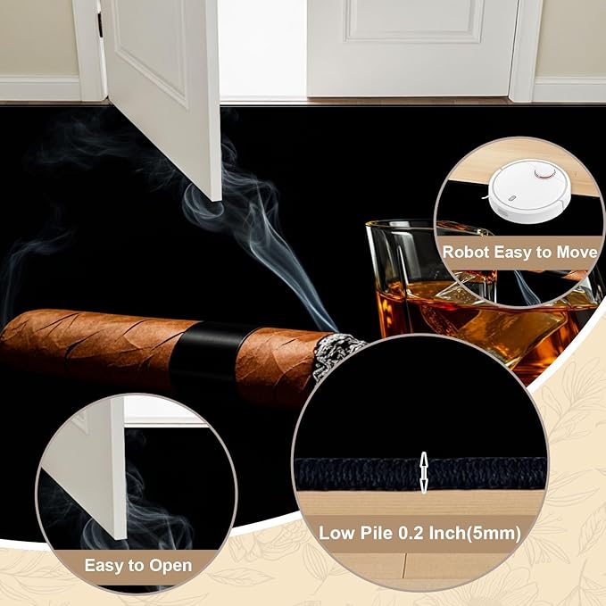 9x12 Area Rugs for Bedroom Boho Washable Man Cave Rug for Living Room Cigar Whiskey Ice Cubes Glass Black Soft Rubber Backed Non-Slip Large Carpets for Boys