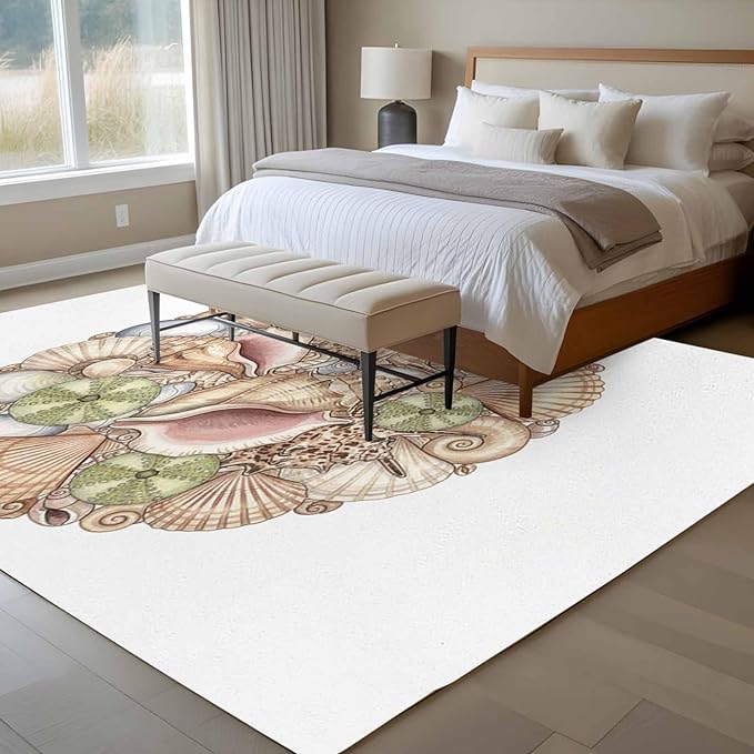 Area Rug 6x9ft, Coastal Colorful Shell Conch Washable Rugs for Living Room Bedroom, Modern Abstract Art Soft Non-Slip Area Rugs Rectangle Floor Carpet for Dining Room
