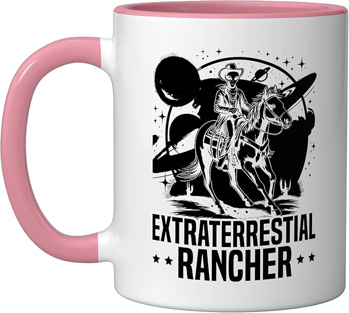 Alien Lover Flying Saucer UFO Extraterrestrial Cowboy Ceramic Mug, Pink/White