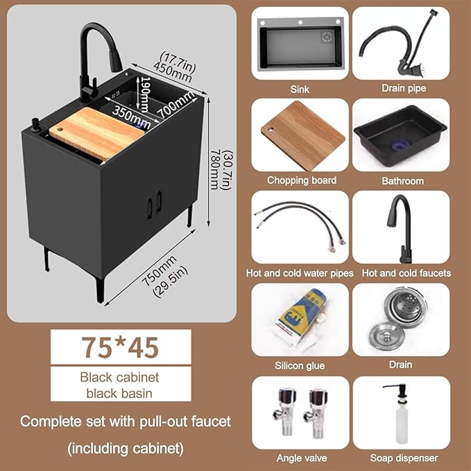 Cabinet Stainless Steel Sink with Storage,Commercial Kitchen Sink with Pull-Out Faucet,Bathroom Sink with Black Faucet and Storage Shelves,for Kitchen,Restaurant,Outdoor,Laundry
