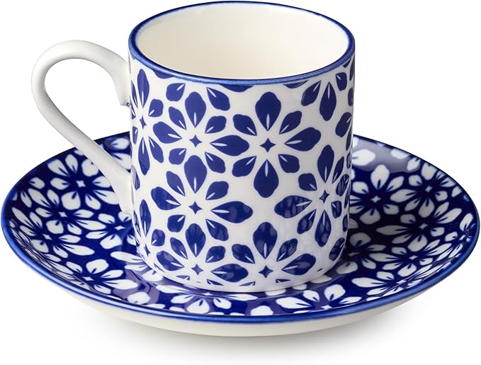 Madison 6-Piece Espresso Cup & Saucer Set, 3.25 oz Porcelain Cups with 4.75-Inch Saucers, Intricate Blue & White Patterns, Durable & Dishwasher Safe, Perfect for Espresso & Giftable Elegance