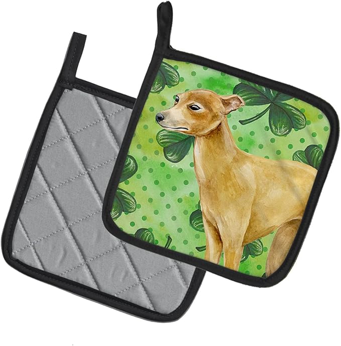 Caroline's Treasures BB9872PTHD Italian Greyhound St Patrick's Pair of Pot Holders, Green Kitchen Heat Resistant Pot Holders Sets Oven Hot Pads for Cooking Baking BBQ, 7 1/2 x 7 1/2