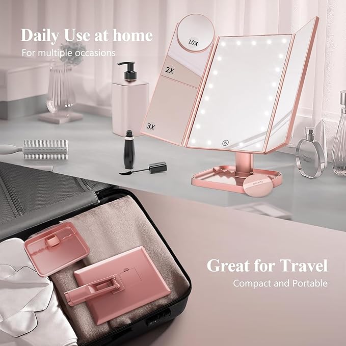 HUONUL Makeup Mirror, Vanity Mirror with Lights, 2X/3X/10X Magnification, Touch Control, Trifold, Dual Power Supply, Mothers Day for Mom Gifts, Gifts for Women, Wife, Mom, Girls,Dorm Room Essentials