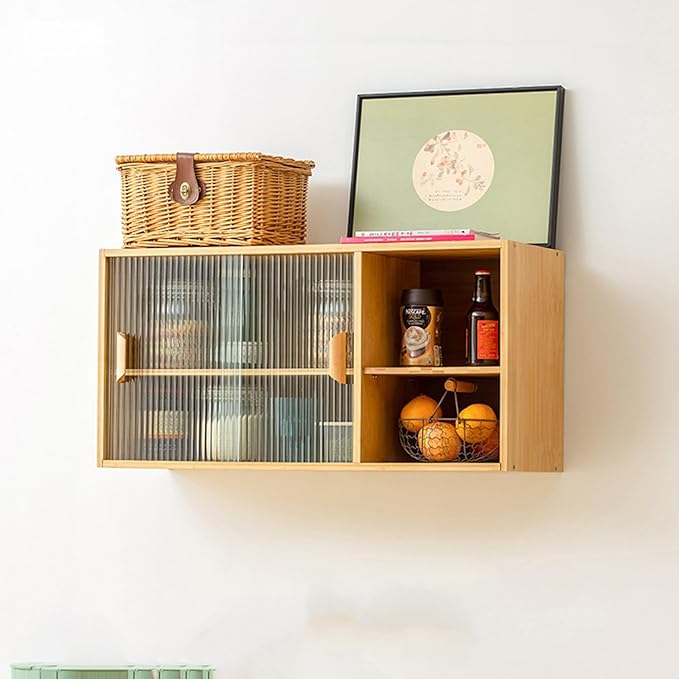 Countertop Kitchen Pantry Cabinet,Bamboo Wall Sideboard with Sliding Glass Doors,Pantry Cabinet for Kitchen, Living Room,Dinning,Bedroom,Log Color,31.5" W