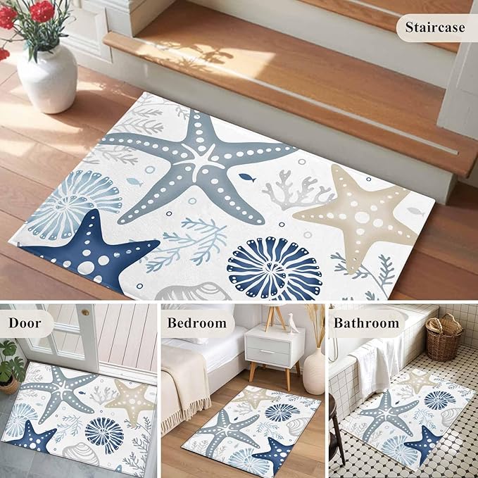 Area Rug 2x3ft, Ocean Starfish Shell Conch Washable Rugs for Living Room Bedroom, Sea Blue Coral Seamless Soft Non-Slip Area Rugs Rectangle Floor Carpet for Dining Room