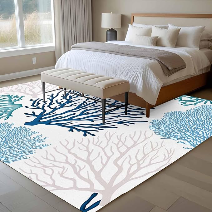 Area Rug 6x9ft, Classic Sea Blue Coral Washable Rugs for Living Room Bedroom, Abstract Marine Life Scenery Soft Non-Slip Area Rugs Rectangle Floor Carpet for Dining Room