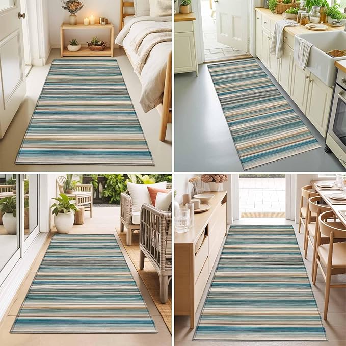 Runner Rug for Bedroom Hallway, Minimalist Vertical Stripes Kitchen Runner Rugs Area Rug 2x6ft, Retro Boho Lines Washable Soft Floor Carpet for Entryway Stair