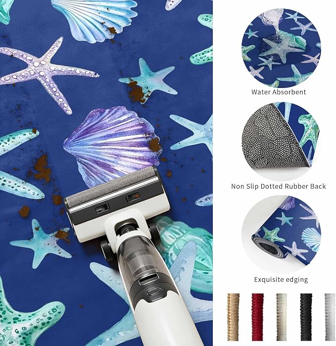 Washable Round Area Rug Summer Starfish Shell Conch Circle Rugs Floor Carpet for Living Room Bedroom, Marine Creature on Blue Soft Non Slip Round Rug 3ft