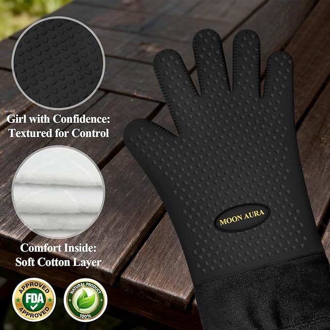 Silicone Smoker Oven Gloves - BBQ Gloves with Sharp Knife, Basting Brush and Sticky Hook.