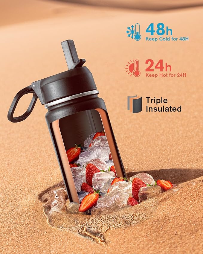 Coolflask Water Bottle 20 oz Insulated with Straw, Stainless Steel Metal 3 Lids Water Flask Wide Mouth for Sports or Office, Non-BPA Keep Cold Up to 48 Hrs or Hot Up to 24 Hrs, Magic Black