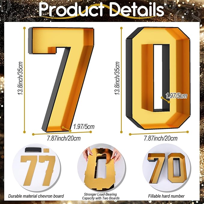 70 Cardboard Numbers for Charcuterie Fillable 13.8'' Black Gold Paper Mache Number Shaped Cupcake Pans Board Box Trays Container for Food Candy 70th Birthday Party Decorations Anniversary