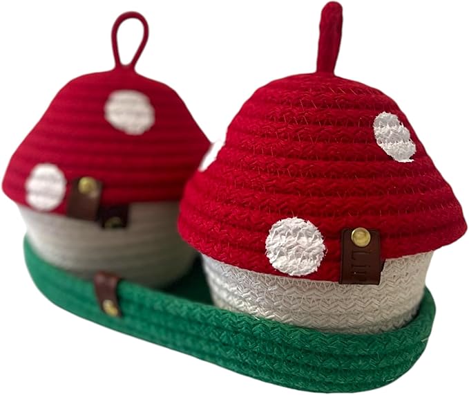 Handmade Mushroom Storage Set–Decorative,Functional Storage for Bathroom,Home Décor,Perfect Gift (Green Grass Basket with 2 Small Mushrooms – Compact and Cute Storage Solution for Any Room)
